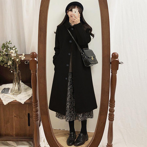 Women's Wool Coat Black Long Solid Color Button Front Autumn Winter Outerwear For Petite Women - Product Image 1