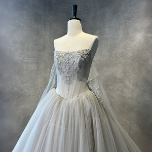 Nt145 Bridal Gown <b>Strapless</b> <b>Corset</b> Silver Embroidery Floral Applique Soft Tulle a Line Wedding Dress Long Train Jancember - Product Image 3