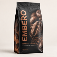 Sachet d'emballage personnalisé à soufflets latéraux pour grains de café expresso avec valve de dégazage, fermeture éclair refermable et film haute barrière
