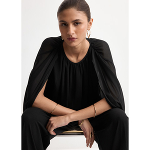 Chemisier <span class=keywords><strong>Noir</strong></span> Oversize à Manches Bouffantes et Ourlet Bulle, Col Rond, en Chiffon Transparent, Coupe Ample, Froncé, Élégant pour <span class=keywords><strong>Soirée</strong></span> - Product Image 4