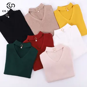 Wholesale sweater knitwear manufacturers for women round neck hollow out button design Basic pullover sweater