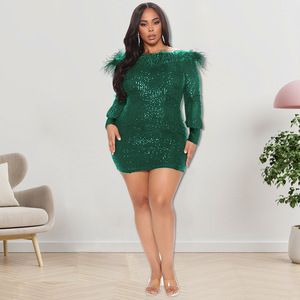 218231 Suministro al por mayor de ropa para mujeres de talla grande europeas y americanas, nuevo vestido de lentejuelas de manga larga de otoño directamente de fábrica - Product Image 3