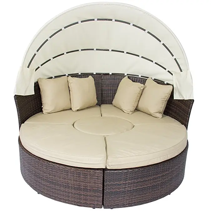 Outdoor patio rattan wicker round sun daybed with canopy