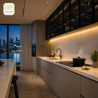Meubles de cuisine sur mesure pour toute la maison, gris mat, porte en verre aluminium noir, bande LED, fermeture douce, ISPM-15, export, usine OEM