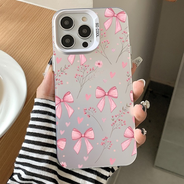 Fashion Flower Pink Bowknot Printing Leather Pattern TPU Mobile Phone Cover Case for Iphone X Xr Xs 11 12 13 14 15 16 17 Pro Max