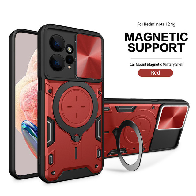 Armor Magnetic Ring Stand Car Holder Shockproof PC Case Slide Lens Protect Cover Mobile Phone Case for Redmi Xiaomi Note 12 4G