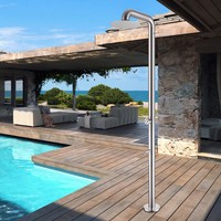 Douche extérieure moderne en acier inoxydable brossé pour jardin et piscine, alimentation en eau chaude et froide