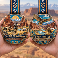 Médaille personnalisée de course sur sentier 50 km, Challenge virtuel Canyon du Kazakhstan, en alliage de zinc, impression UV, finition en relief 3D, récompense de finisseur