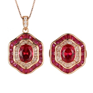 Wholesale Eco-friendly Copper Rose Gold Plated 6*8MM Red Zircon <b>Bridal</b> Pendant Earrings Jewelry Set for Wedding - Product Image 1