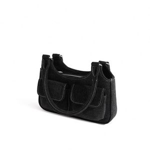 <b>Customized</b> Women Black Cotton Canvas Shoulder Bag Large Capacity Solid Multi Pockets Underarm Tote Bag Reusable Shopping Bag - Product Image 3