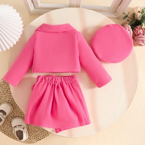 Ensemble trois pièces pour filles de 0 à 5 <span class=keywords><strong>ans</strong></span>, automne/hiver, veste décontractée en tissu peigné uni à revers + jupe + béret - Product Image 5