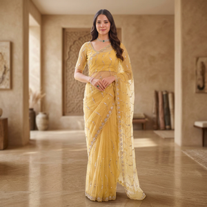 Sari ethnique indien traditionnel de créateur, en polyester jaune brodé, longueur ras du sol, protection solaire, qualité OEM, prix d'usine - Product Image 1