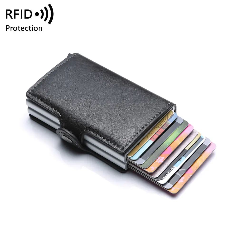 Free Sample Double Metal Case Holder PU Leather Pop Up Aluminium Alloy RFID Credit Card Holder Wallet