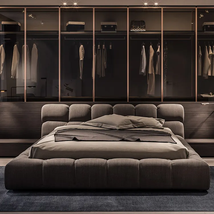 Auxford meubles kaki chambre à coucher moderne ensembles de lit pli pli king size conceptions italiennes cadre de lit en tissu reine