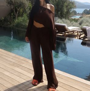 Viviblook Y25ST387 Women Two Piece <b>Set</b> New Slash Shoulder Long Sleeves Crop Top Loose Elastic Pants <b>Set</b> - Product Image 1