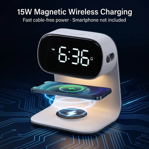 Lámpara de Noche LED 3 en 1 con Carga Inalámbrica, Reloj con Pantalla a Color, Diseño Moderno con Acabado en Madera para Dormitorio - Product Image 4