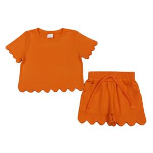 GSSO3178 rts Vente en gros Ensemble de vêtements pour petite fille en coton orange uni imprimé été à manches courtes - Product Image 1