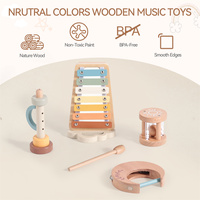 Wooden Musical Instruments Toy Set Morandi Pastel Xylophone Moon Tambourine Sun Rattle Flute Toddler Educational Toys Gift Set