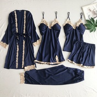Ensemble de lingerie en satin de soie sexy pour femmes TJ, cinq pièces, pyjama une pièce à bretelles, vêtements de nuit confortables pour l'été