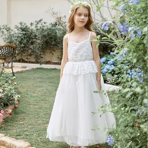 Abito 2024 personalizzato OEM per bambini e ragazze abito da festa con spalline sottili per bambina abiti da compleanno da ragazza fiore abiti da sposa per bambini