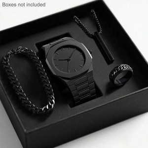 Set Hadiah CS008 Empat Buah Cincin Hitam Gelang Kalung Jam Tangan Muslim Quartz Tanpa Kotak Plastik Aura Jam Tangan Arab untuk Pria - Product Image 2