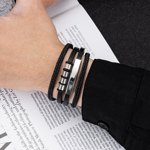Pulsera de Cuero de Doble Capa Grabable en Acero Inoxidable Vintage para Hombre - Product Image 5