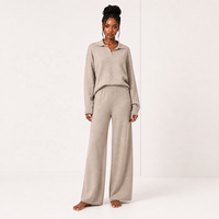 Ensemble tricoté deux pièces col polo pour femme, pull oversize et pantalon large à taille élastique, manches longues, vente en gros ODM