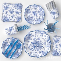 Ensemble de vaisselle jetable bleu floral de qualité supérieure pour mariage, fête prénuptiale, anniversaire