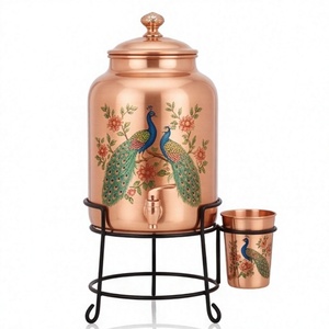 Fontaine à eau en cuivre avec design paon, distributeur artisanal et ensemble de tasses assorties pour la maison et la cuisine - Product Image 1