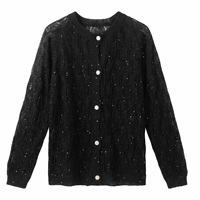 Modische Weiße Durchbrochene Strickjacke für Damen, Eleganter Französischer Stil Pointelle-Strick Pullover mit Knöpfen, Schimmernde Outfits im Großhandel