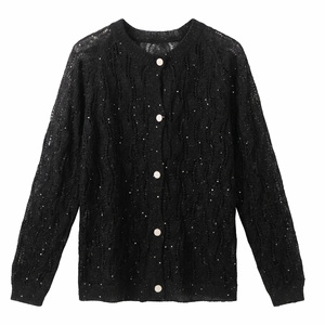 Cardigan <span class=keywords><strong>blanc</strong></span> ajouré élégant pour femme, style français, en maille pointelle, boutonné, pour tenues scintillantes, vente en gros - Product Image 2