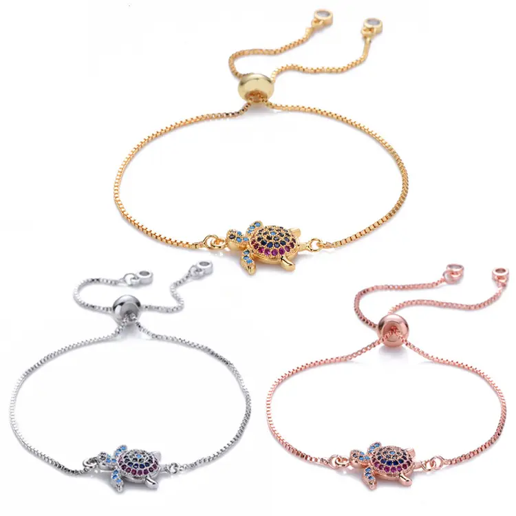 18k Plaqué Or Chaîne de Boîte Réglable Tortue Bracelet Coloré Zircon Cubique Bracelet Tortue