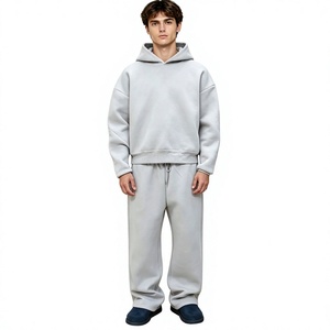 Custom logo 100% 450 Gsm Cotton Oversized Men's Baggy Plain <b>Cropped</b> Heavy <b>Zip</b> <b>up</b> Hoodie and Loose Fit Sweatpants Tracksuit Set - Product Image 3