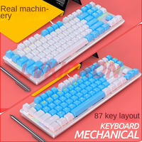 Keyboard 87 kunci mekanis, kabel USB ergonomis dengan lampu latar untuk komputer PC, Set up, Gamer Gaming