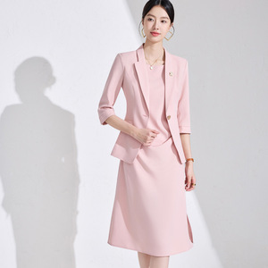 Pink Women's Suit Set Solid Color Polyester Blazer Dress Anti-Wrinkle <b>Work</b> Business Attire Spring Autumn 2025 Style - Product Image 1