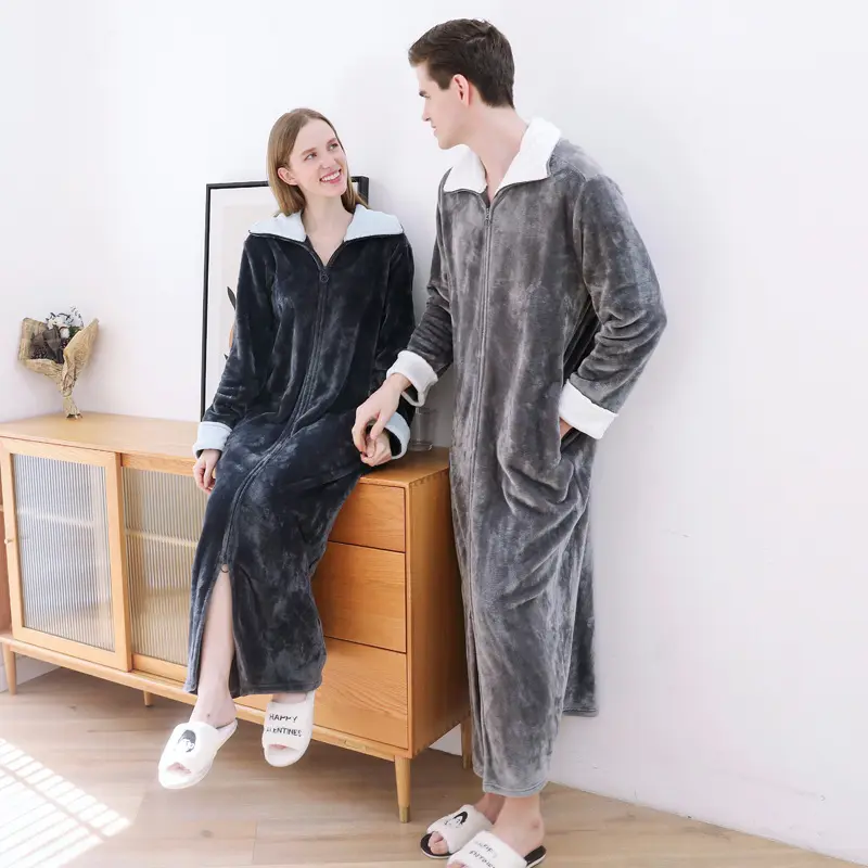 Flannel Pajamas Long Size Zippered Pajamas Couples Bathrobes For Men