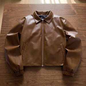 Men's Brown Leather Bomber <b>Jacket</b> Turn-Down Collar Zipper Closure <b>Casual</b> Autumn Wear Regular Fit Solid Color Front Logo - Product Image 5