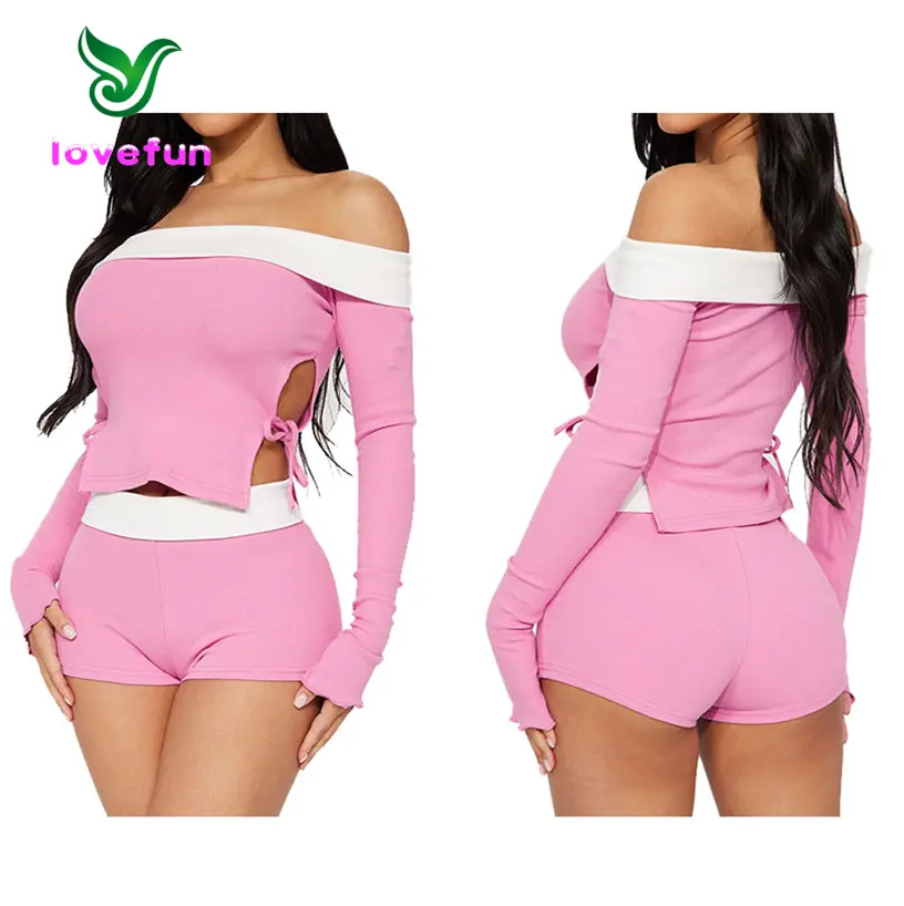 New Arrivals Lace Up Crop Top Two Piece Set Spring Women Clothes Sexy Off Shoulder Tops 2 Piece Shorts Set