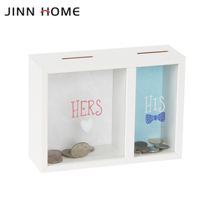 Jinn Home 2 aperture salvadanaio in legno bianco salvadanaio MDF risparmio moneta scatola di vetro stampato copertura elegante decorazione per la casa attenta alla sicurezza - Product Image 2