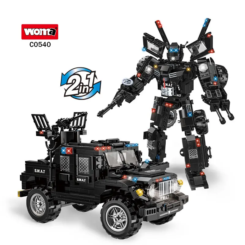 Woma Speelgoed Groothandel Nieuwe Trending Swat Voertuig Auto Robot Monteren Kleine Bricks Bouwstenen Vervormd Robots Set