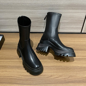 Bottines amincissantes pour femmes de petite taille, mi-mollet, noires, à talon épais, style cigarette, avec fermeture éclair arrière - Product Image 6