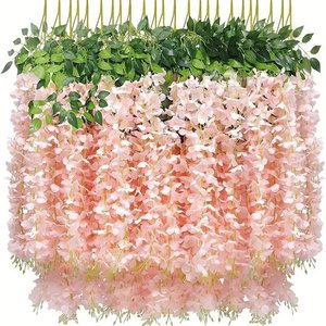 ดอกวิสทีเรียประดิษฐ์สีชมพู ซินเล่ย์ ขนาด 100-200 ซม. สำหรับตกแต่งงานแต่งงานและบ้าน  ทำจากพลาสติกและผ้าไหม  ใบสีเขียว - Product Image 1