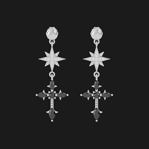 Star and <b>black</b> moissanite <b>cross</b> dangle <b>earrings</b> in silver design crafted for elegant modern fashion with refined hip hop appeal - Product Image 1