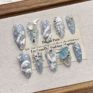 <span class=keywords><strong>Faux</strong></span> <span class=keywords><strong>ongles</strong></span> faits à la main, design 3D sirène océanique et méduse, avec perles, coquillages et paillettes, luxe, pour femmes - Product Image 1