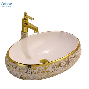 Vente directe <span class=keywords><strong>d</strong></span>'usine, vente en gros de sanitaires en céramique de luxe, lavabo ovale en céramique dorée pour salle de bain - Product Image 5