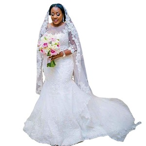 Mermaid Wedding Dress <b>White</b> <b>Lace</b> Applique Scoop Neck Long Sleeve Slim Fit Bridal Gown For Petite Figures - Product Image 2