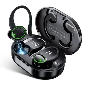 Headphone 5.3 3D Stereo, earphone olahraga berlari tahan air IP7 dengan Earhook 40H kontrol sentuh atas telinga