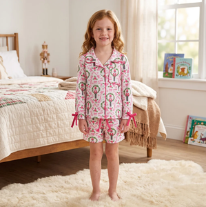 Longlv Conjunto de pijama de algodón con estampado de cascanueces de estilo chino para niñas de 2 a 4 años, pantalones cortos informales y top con lazos rosas - Product Image 5