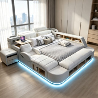 Lit en cuir tatami multifonctionnel de luxe avec tiroirs de rangement, système de haut-parleurs, table de chevet, lit intelligent moderne pour chambre à coucher, vente en gros