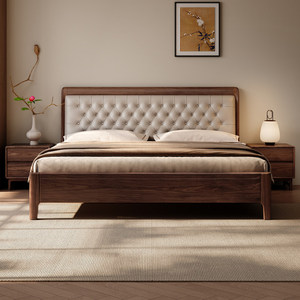 Cama Doble de Madera Maciza de Nogal Negro con Cuero Genuino Acolchado Suave, Estilo Chino Nuevo, Estética de Primera Capa de Piel de Vaca - Product Image 1